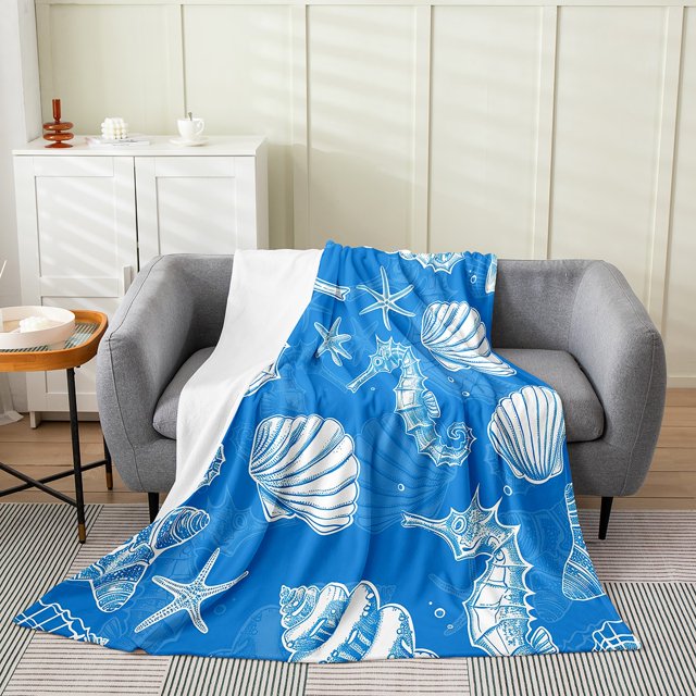 YST Marine Life Blanket 40x50 Inch Nautical Throw Blanket For Children Blue Seahorse Starfish Shells Fleece Blanket Underwater Sea Animals Flannel Blanket