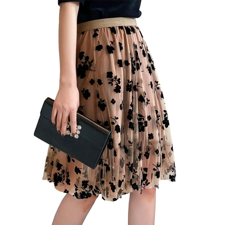 Arvbitana Women 's A-Line Tutu Tulle Skirt Elastic Waist Knee Length Floral Skirt Three-Layered Mesh Pleated Skirts