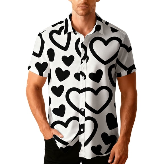 Awdenio Men Shirts Valentines Day Heart Short Sleeve Beach Button Down Causal Top Print Hawaii Shirts