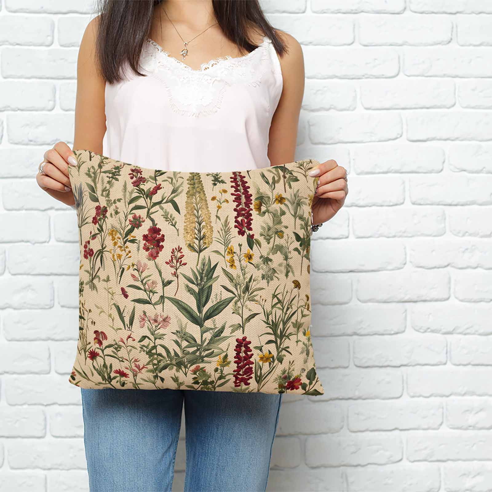 Throw Pillow Covers 26x26 Inch, Rustic Botanical Decorative Pillow Cases for Couch Sofa Bed, Vintage Floral Wildflower Cotton Linen Square Home Decor Pillowcases with Hidden Zipper