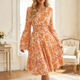 thumbnail image 2 of Alun 2026 Spring Floral Dresses for Women V-Neck Long Sleeve Elastic Waisted Flare Sleeve Ruffle Hem Midi Dress Cozy Breathable Lightweight Flowy Swing Summer Sundress Orange XXL, 2 of 6