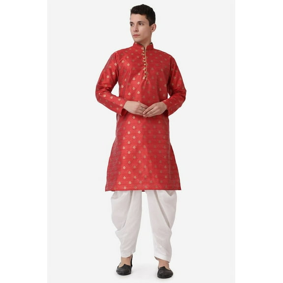 Royal Kurta Elegant Maroon Jacquard Silk Printed Long Kurta and White Salwar for Men