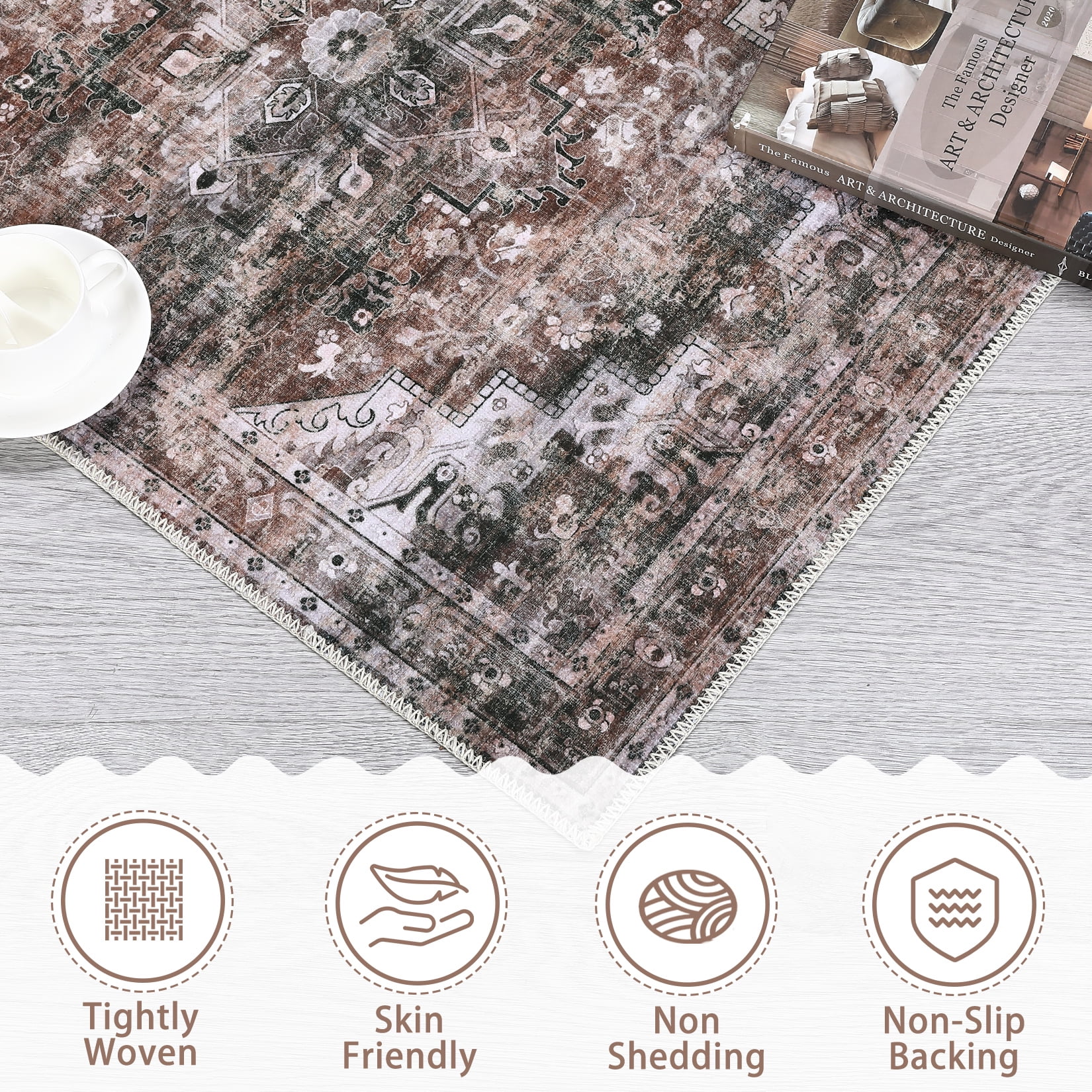 HOMERRY 9' x 12' Area Rug for Living Room Washable Bedroom Floral Geometric Carpet for Room Decor, Brown