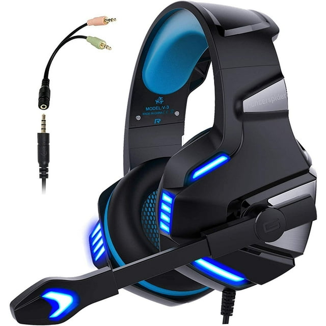 Micolindun Gaming Headset para Xbox One, PS4, PC, auriculares para juegos sobre la oreja con micrófono de cancelación de ruido Luz LED, sonido envolvente de graves estéreo, orejeras de memoria blanda
