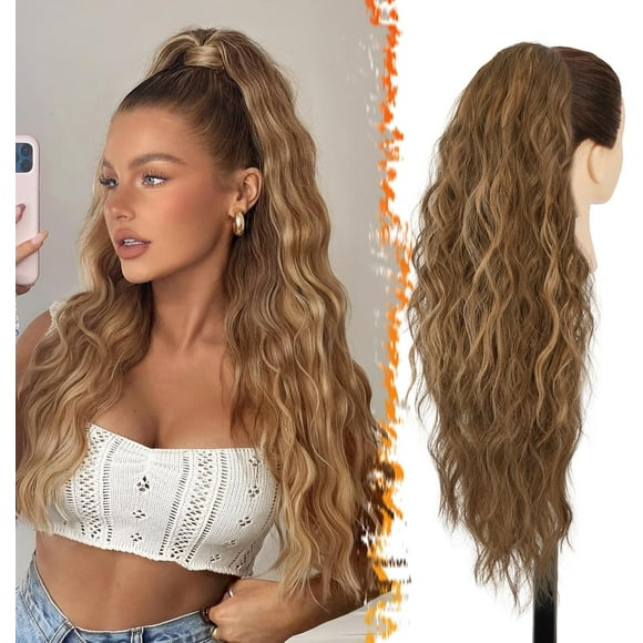 shiyou-Drawstring Ponytail Extensions - 26 Inch Long Curly Wavy Highlight Drawstring Ponytail Hair Extensions for Women, Synthetic Clip in Ponytail Hairpieces - Brown with Honey Blonde