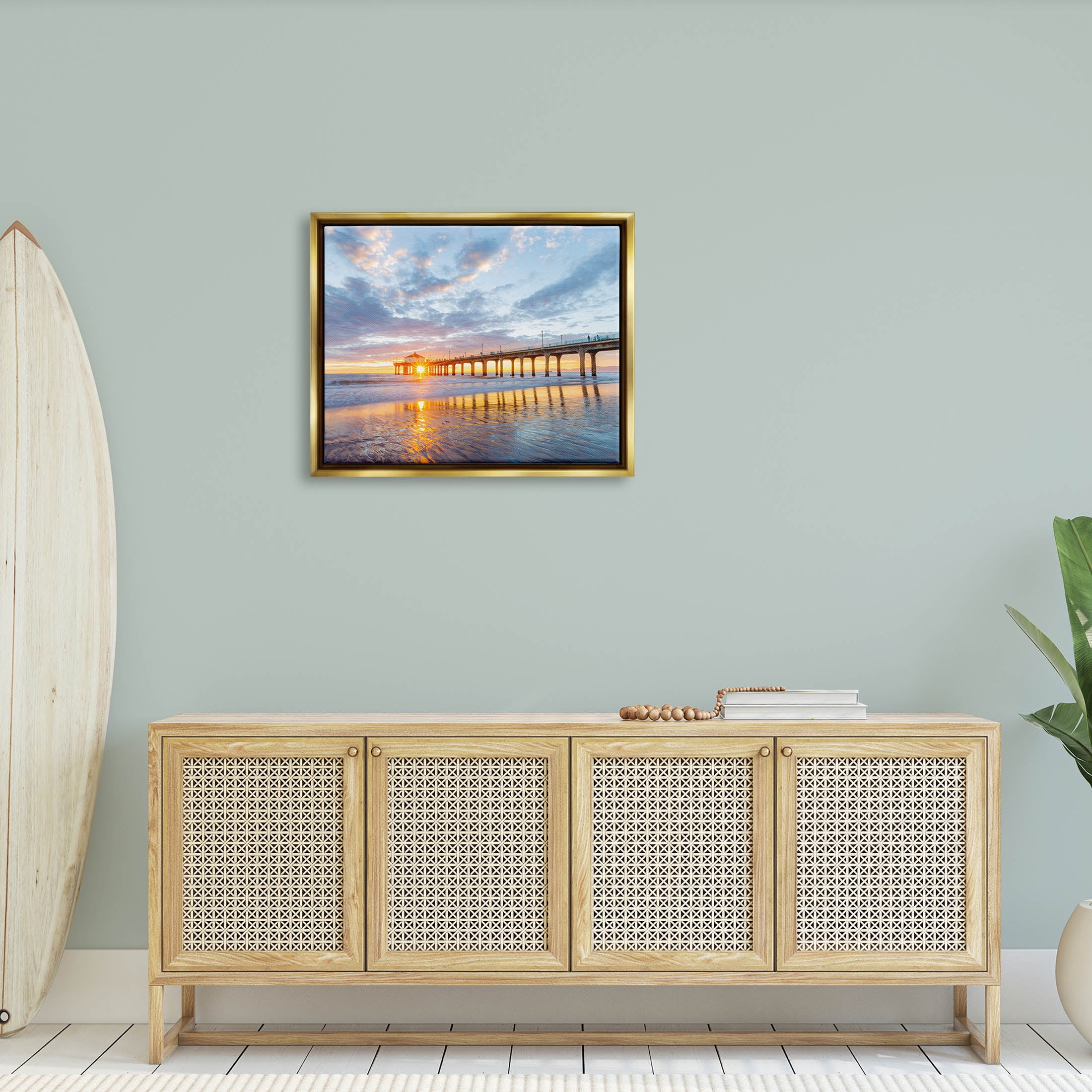 Ocean Pier Sunrise Reflection Coastal Photograph Metallic Gold Framed Art Print Wall Art