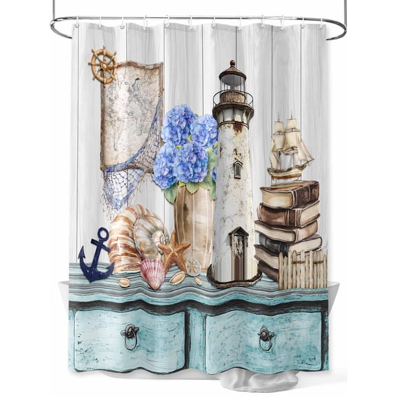 Fsddascl Vintage Lighthouse Coastal Shower Curtain Set - 72" x 78" Washable Bathtub Curtain with 12 Hooks, Nautical Ocean Sea Retro Art Waterproof Fabric Stall Shower Curtains for Bathroom/Bathtub
