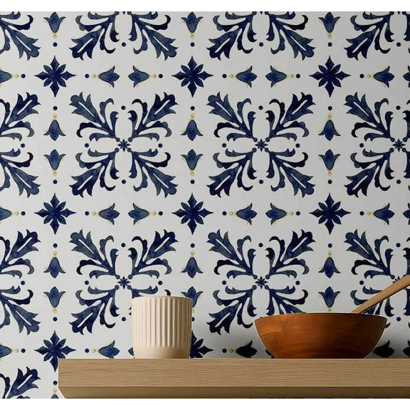 S4sassy Self Adhesive Wallpaper, Abstract Floral Wallpaper, Blue Removable DIY Vinyl Tile Pattern Wall Covering, Peel and Stick Contact Paper for Entryway wall, Kitchen Backsplash (25"x120")