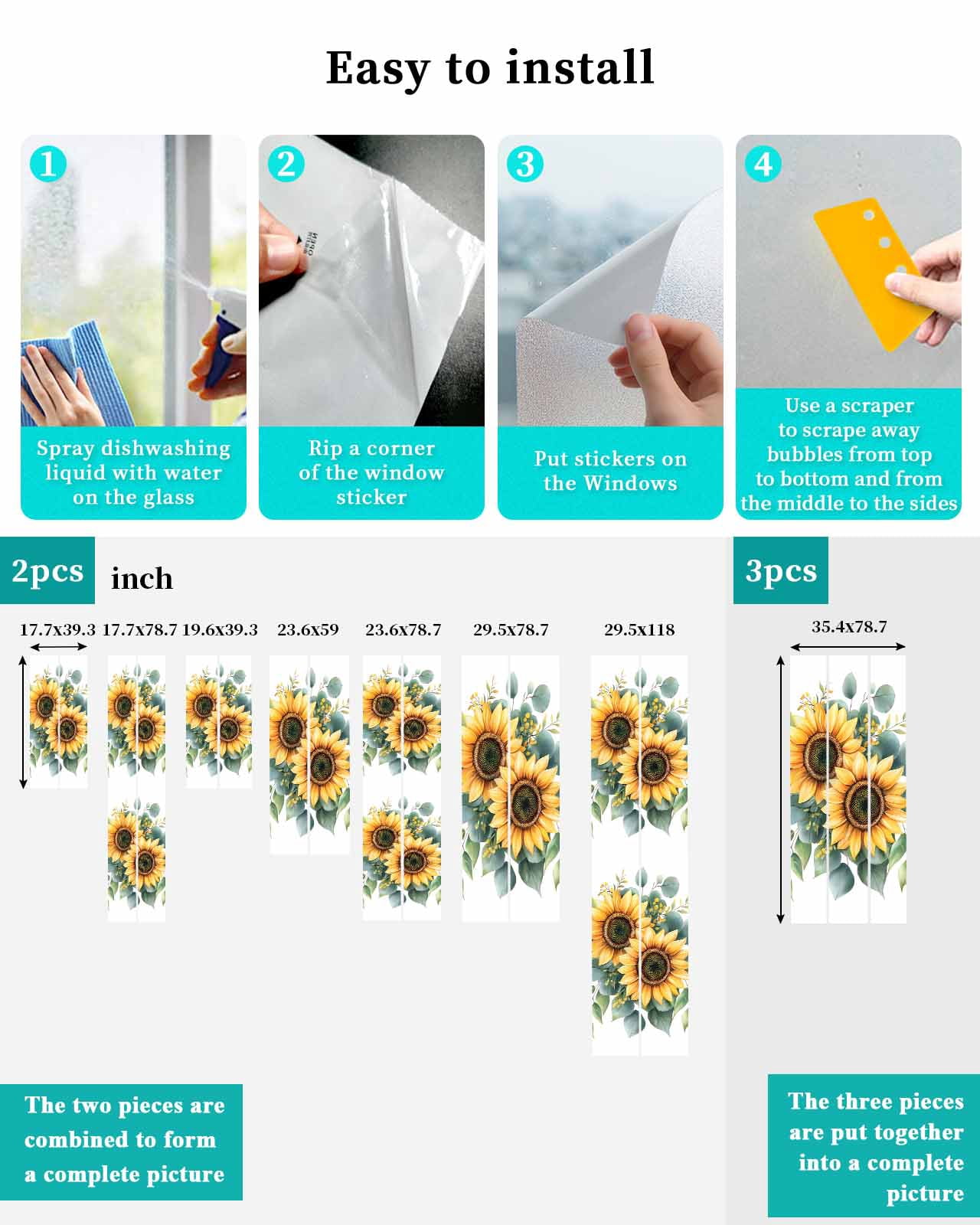 Window Privacy Film Sunflower Stained Glass Window Film Decorative Sun Block Window Cover Green Eucalyptus Leaves Watercolor Botanical Window Clings Static Adhesive Sticker for Bathroom 23.6"x59"