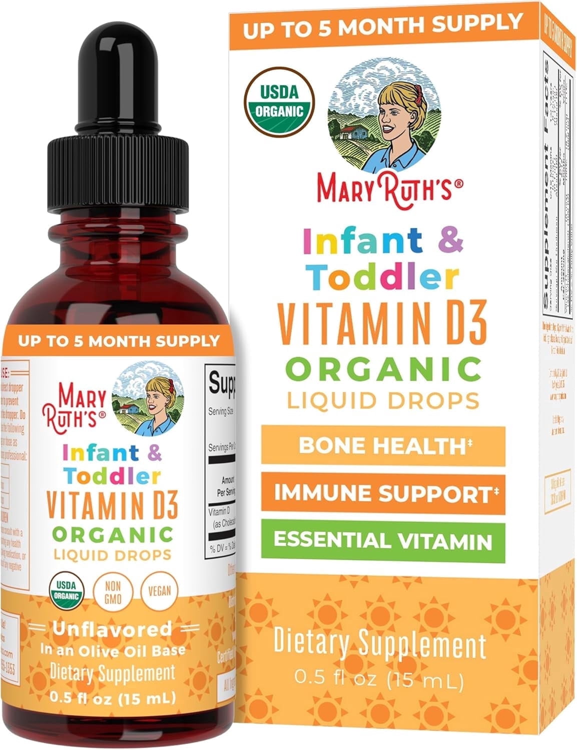 (2 pack) MaryRuth's Vitamin D3 Liquid Drops Supplement for Infant & Toddler, USDA Organic, Olive Oil Infused, Vegan, Gluten Free, Sugar Free, 0.5 fl oz