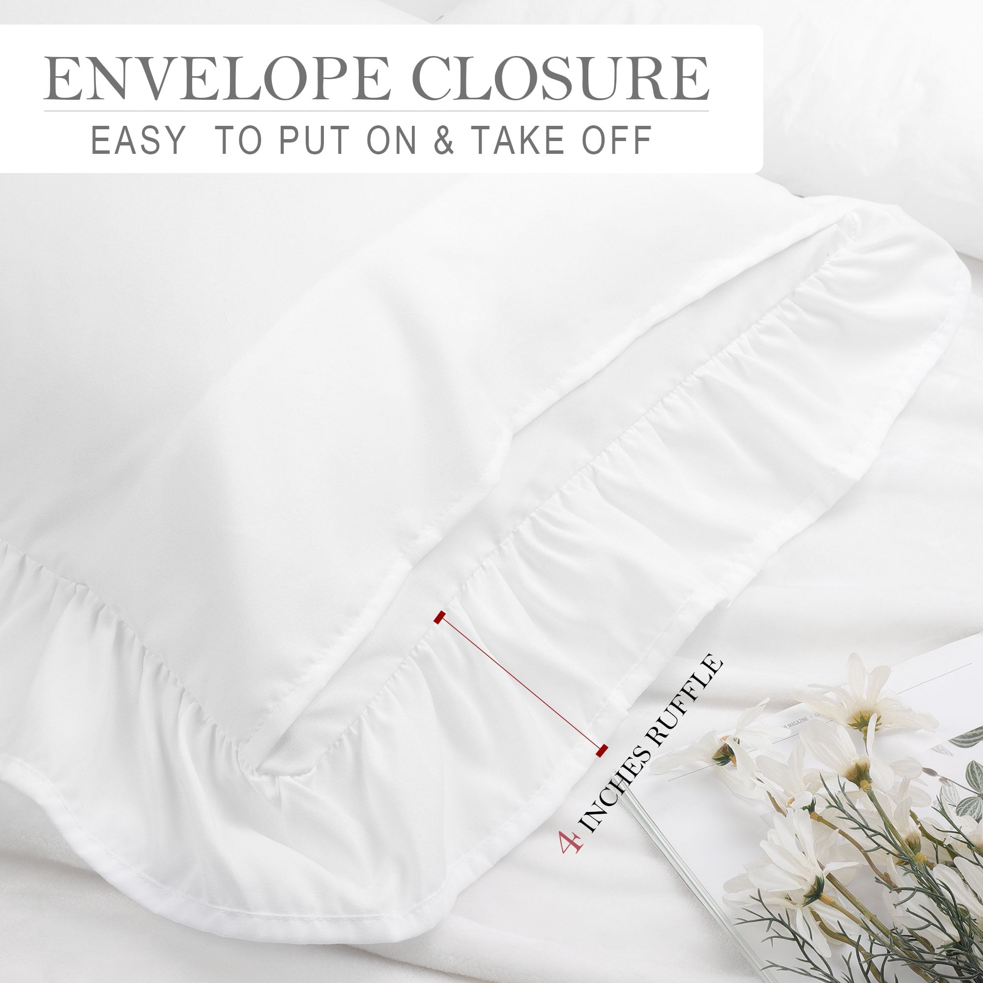 REGALWOVEN Ruffled Pillow Shams Set of 2, Soft Breathable Pillow Covers with Envelope Closure White Queen