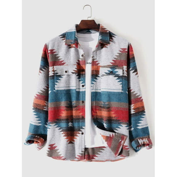 ZAFUL Tribal Geometric Print Blend Wool Jacket Gray L