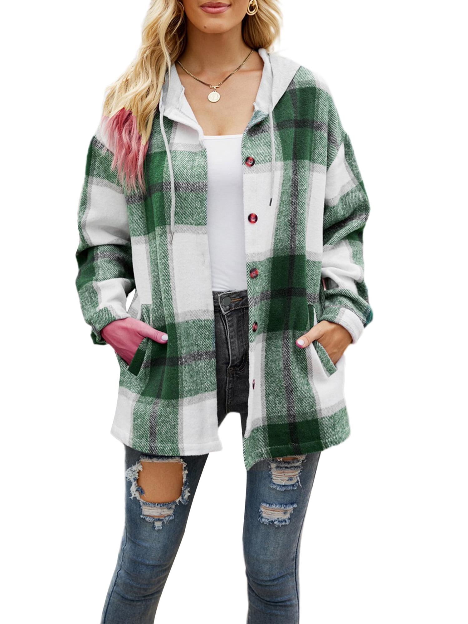 wsevypo Women Flannel Jacket with Hood Fall Plaid Hooded Shacket Shirt