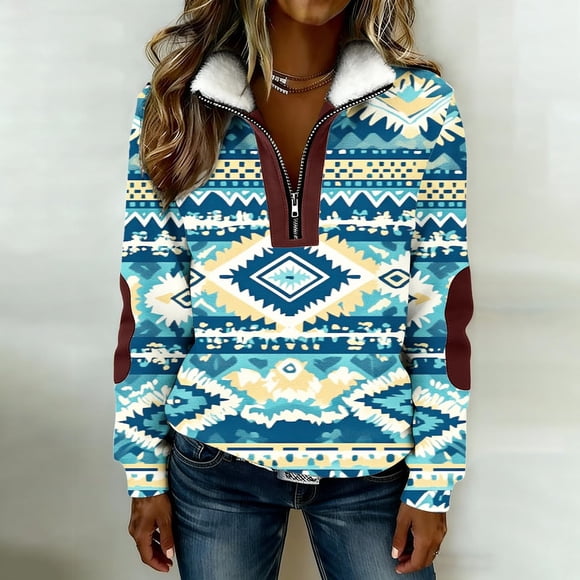 HOWPAY Western Aztec Print Sweatshirts for Women Quarter Zip Pullover Tops Collar Long Sleeve Vintage Comfy Casual Western Clothing Mint Green XXXXXL