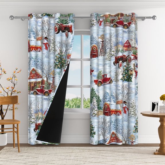 Aofoto Winter Scenery Curtain, Christmas Truck Tree Winter Snowman Window Drapes for Nursery Bedroom Living Room, 2 Panels, 52x84 Inch