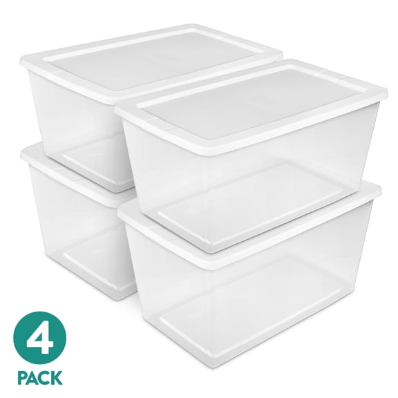 Sterilite Large Storage Bin, 90 Quart Clear Plastic Storage Container with Snap-On Lid, White, 4 Pack