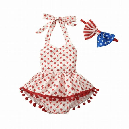 

KaLI_store Girls Bodysuits Infant Baby Girl 4th of July Romper Dress Backless Halter Star Bodysuit with Tassels Independence Day Clothes White 0-3 M