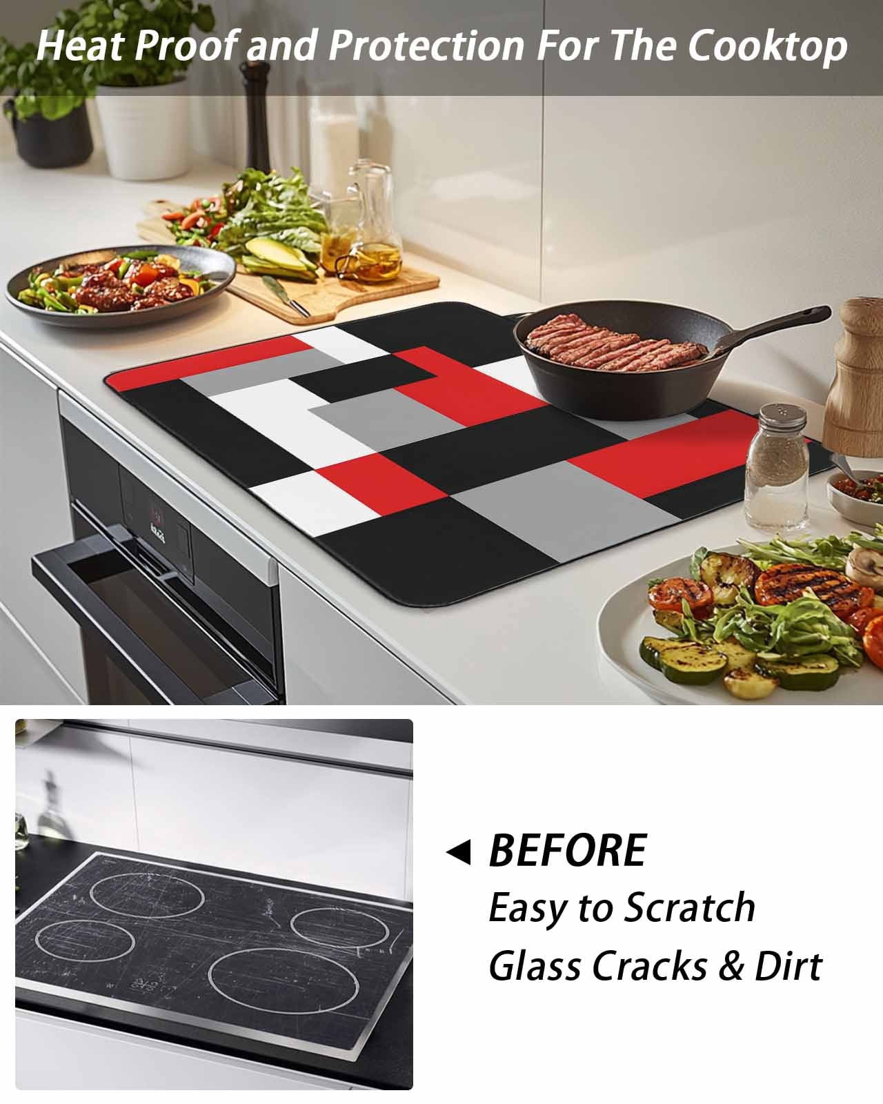 Stove Top Covers for Electric Stove, Red Black Grey Geometric Glass Stovetop Cover Protector, Modern Abstract Art Luxury Induction Cooktop Protector Oven Mat for Kitchen Countertop 24"x21"
