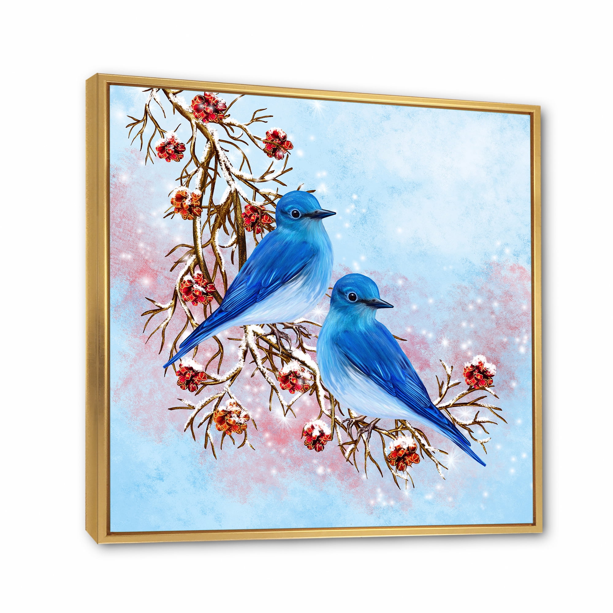Designart 'Two Blue Birds Sitting On A Branch With Berries In Winter' Traditional Framed Canvas Wall Art Print