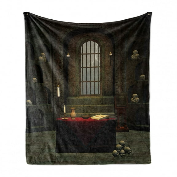 Gothic Soft Flannel Fleece Throw Blanket, Fantasy Theme Spell Casting Warlock Witch Skulls on Shelves Candles Spooky Scenery, Cozy Plush for Indoor and Outdoor Use, 50" x 60", Red Brown, by Ambesonne