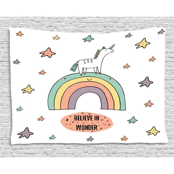 Unicorn Tapestry, Hand Drawn Rainbow with Doodle Stars and Believe in Wonder Quote Positive Vibes, Wall Hanging for Bedroom Living Room Dorm Decor, 80W X 60L Inches, Multicolor, by Ambesonne