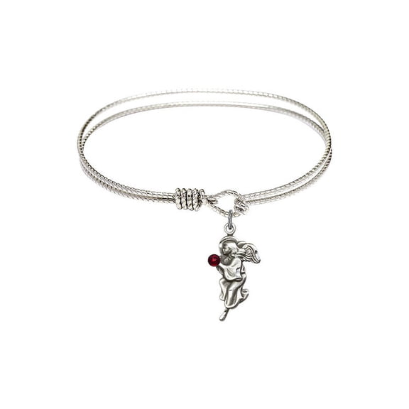 6 1/4 inch Oval Eye Hook Bangle Bracelet w/ Guardian Angel medal charm w/ January Red Swarovski Crystal