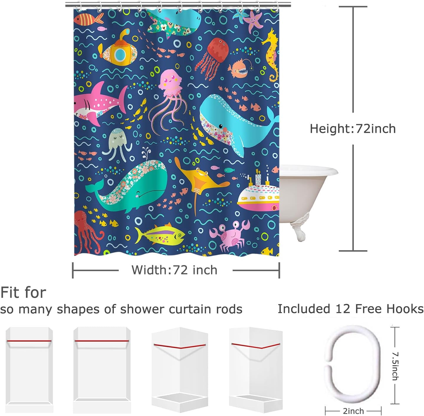 Fish Shower Curtain, Kids Shower Curtains Set with 12 Hooks, Whale Shower Curtain, Sea Animal Bathroom Decor Curtain for Girls and Boys, 72 ''''W x72 ''''H