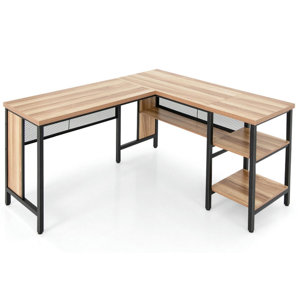 Demi Bonn Industrial L-Shaped Corner Computer Desk Office Workstation with Storage Shelves, Small Home Office Desk Study Writing Table, Beige
