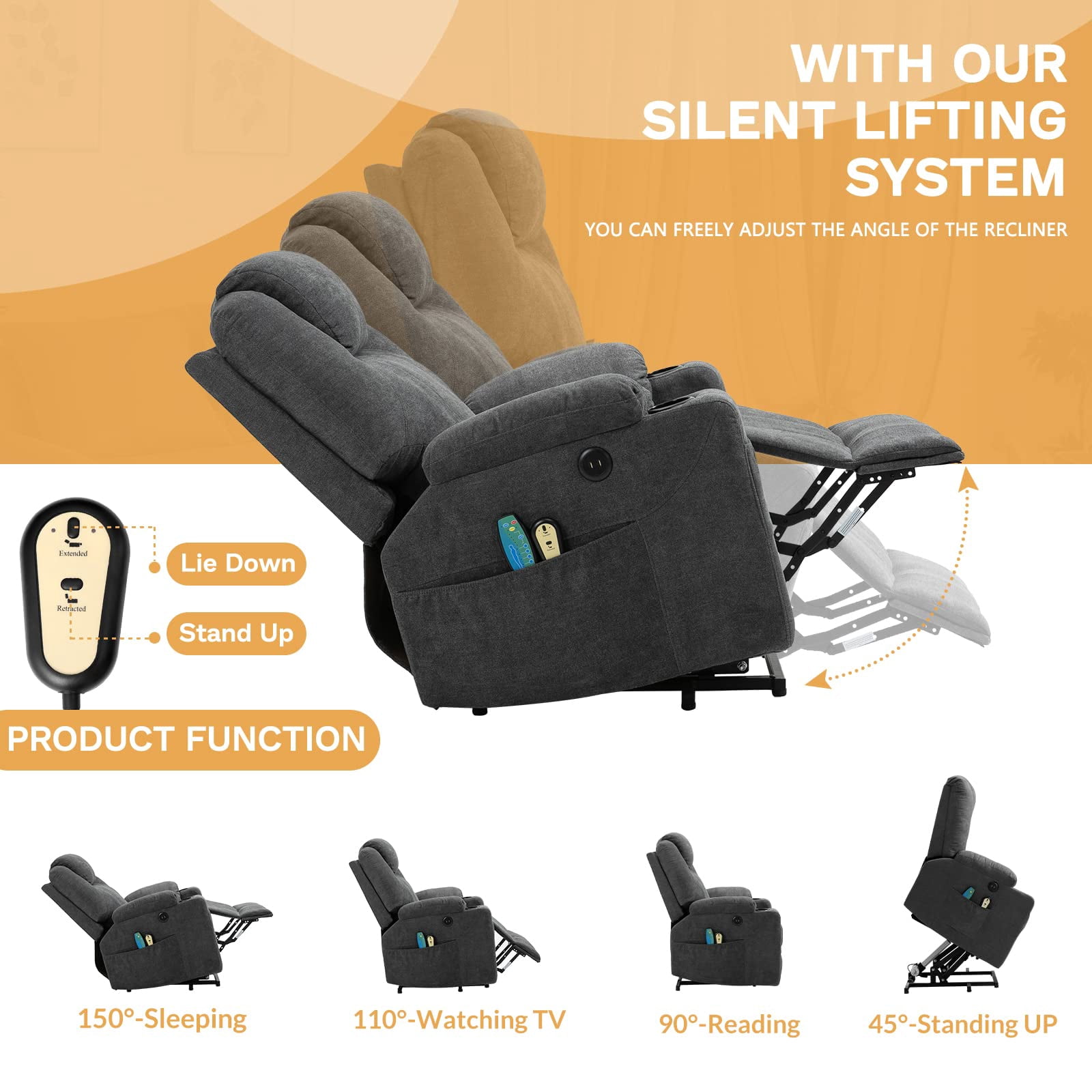 W WARMHOL Electric Power Lift Recliner Chair with Heat and Massage Lift Recliner for Elderly, Single Sofa recliners for Living Room with Cup Holders, 4 Pockets, USB Ports, Soft Fabric (Gray)
