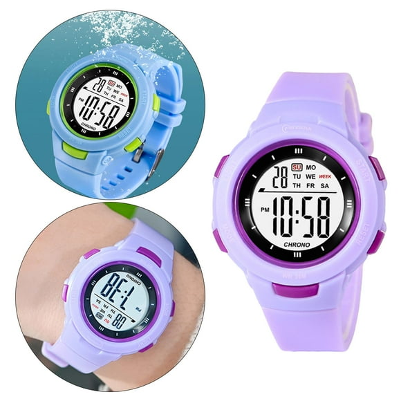 Reloj digital deportivo para niños y niñas, relojes electrónicos a prueba de agua, reloj de con , cronómetro, calendario, luz EL para Púrpura