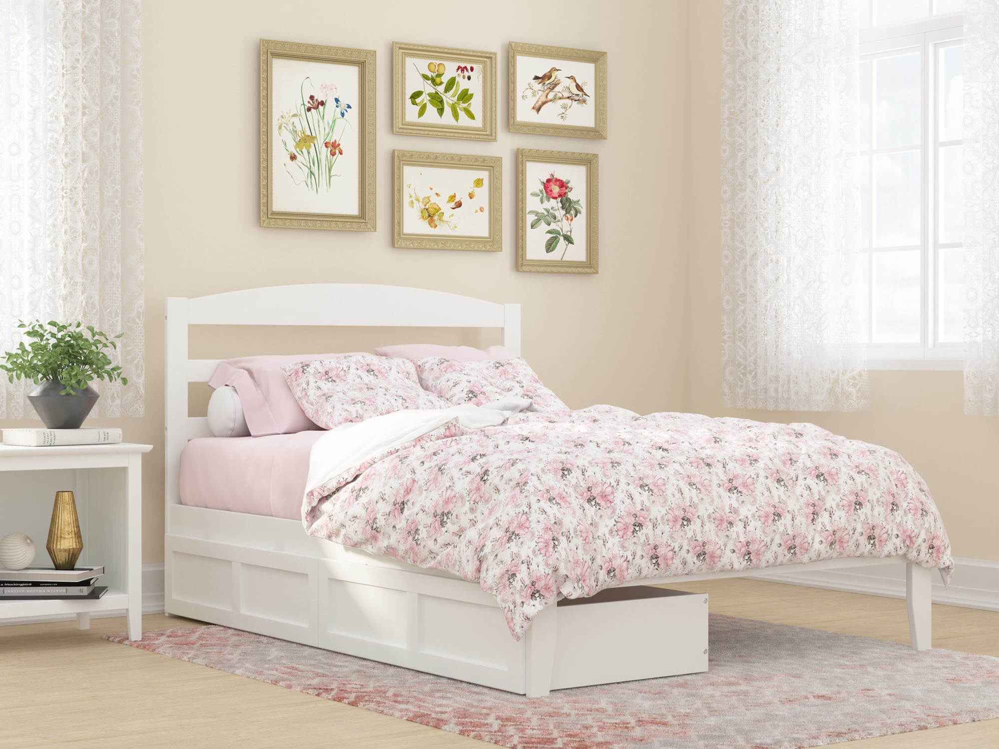 AFI Warren 14" Full Wood Platform Bed Frame with Set of 2 Storage Drawers, White
