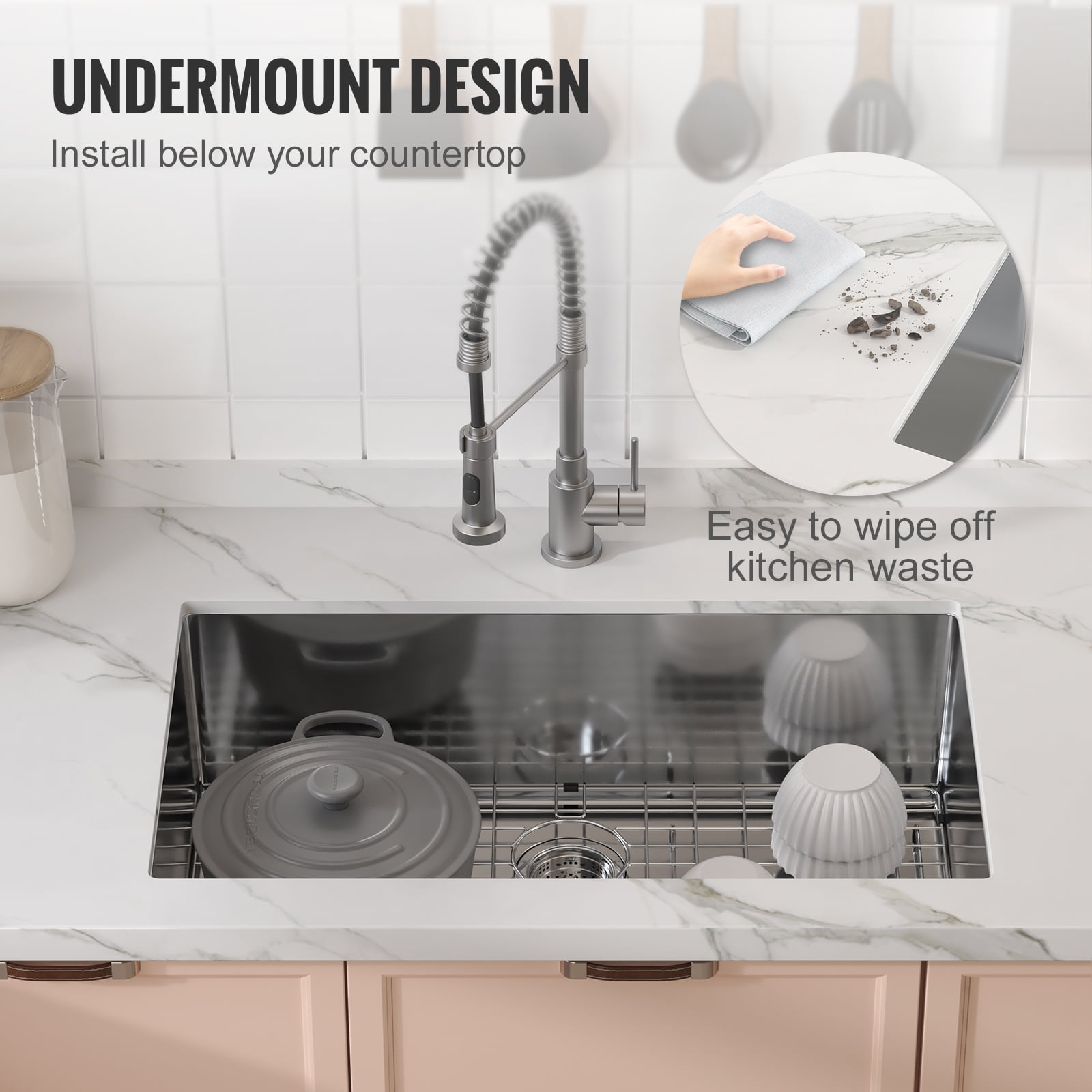 KFFKFF 32" Undermount Kitchen Sink Single Bowl Basin Stainless Steel Kitchen Bar