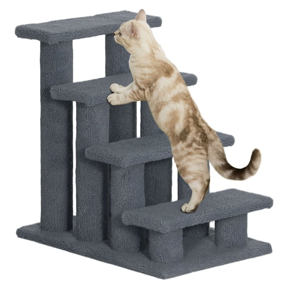 KWUXIN 25-Inch 4-Step Carpeted Pet Stairs, Features Scratching Posts and a Toy for High Beds and Sofas, Grey Cat Furniture Ladder and Climbing Structure