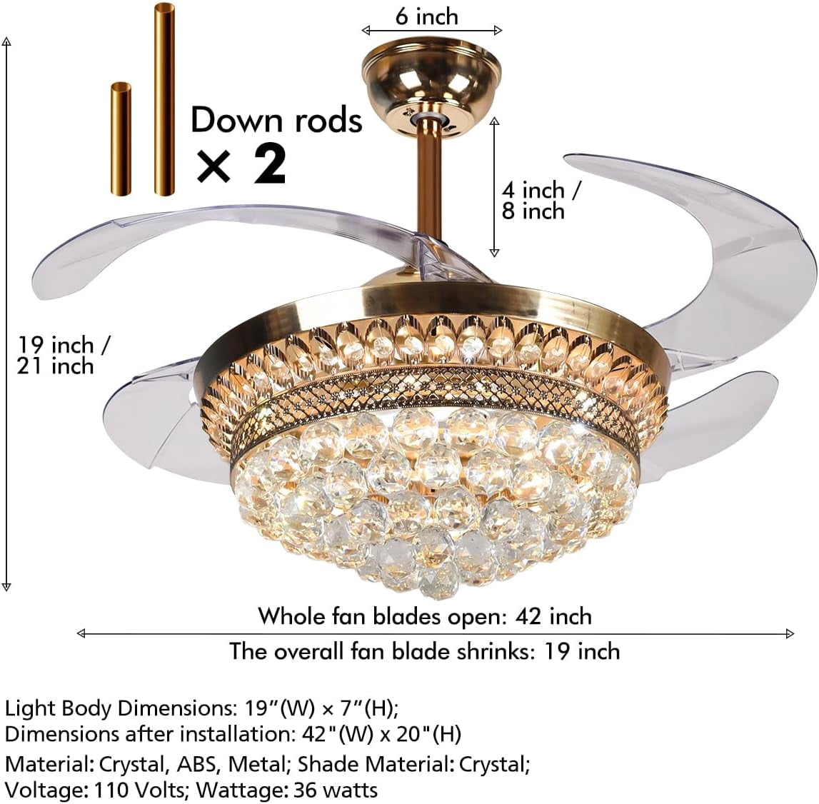 KPIBEST 42 inch Retractable Ceiling Fan Light with Remote Control French Gold Finish Fixtures, Modern Europe Luxury Crystal Chandelier Fans with 3 Lights Changes for Bedroom Living Room Restaurant