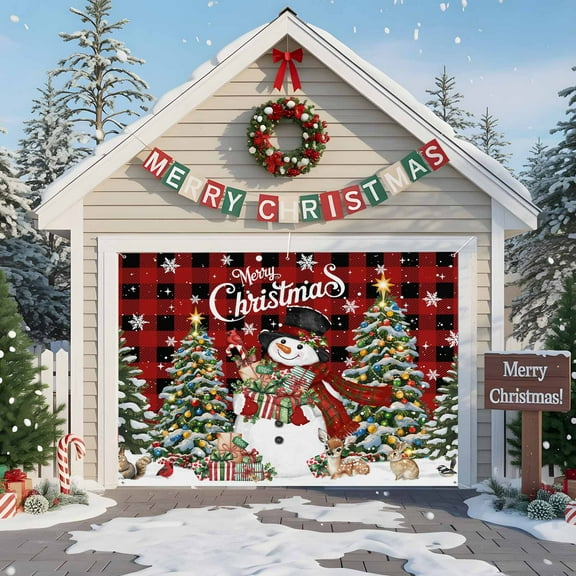 Fsddascl 7 x 8 Ft Christmas Garage Door Cover, Red Plaid Christmas Snowman Large Garage Door Banner, Xmas Tree Snowflake Botanical Hanging Garage Mural Background for Indoor Outdoor Party Supplies