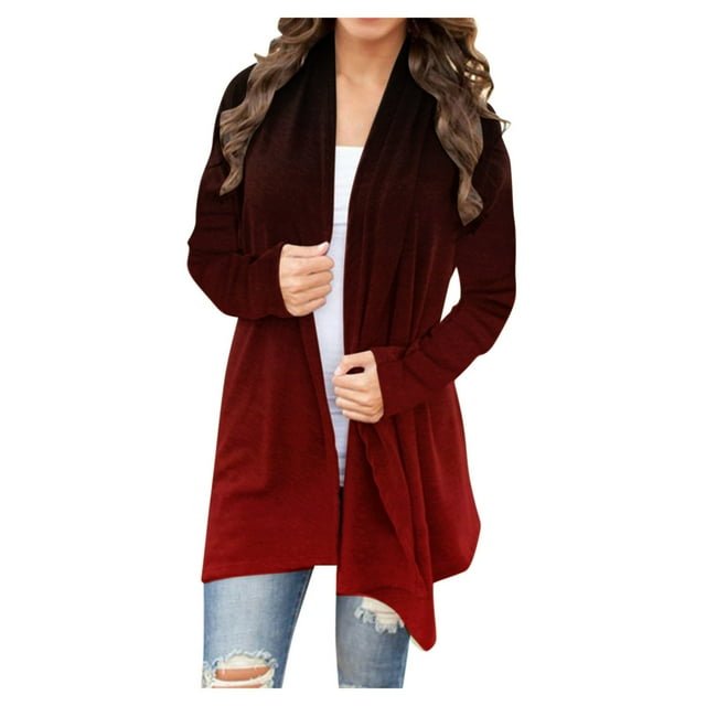 Yuyuzo Long Cardigan for Women Gradient Color Open Front Draped Tops Fall Winter Casual Cardigan
