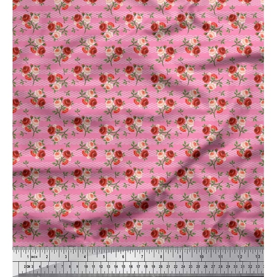 Soimoi Rayon Fabric Waves,Leaves & Rose Floral Printed Fabric 1 Yard 42 Inch Wide