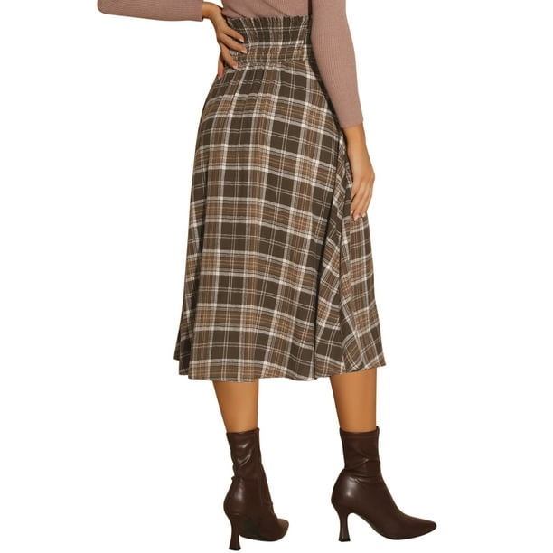 Allegra K A Line Midi Skirt for Women s Vintage Plaid High Elastic