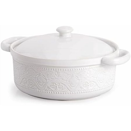 FUN ELEMENTS Casserole Dish, 2 Quart Lace Emboss Dish with Lid, Oven to Table Ceramic Round Serving Handles for Dinner and Party, Thanksgiving Christmas Gifts(Bright White)
