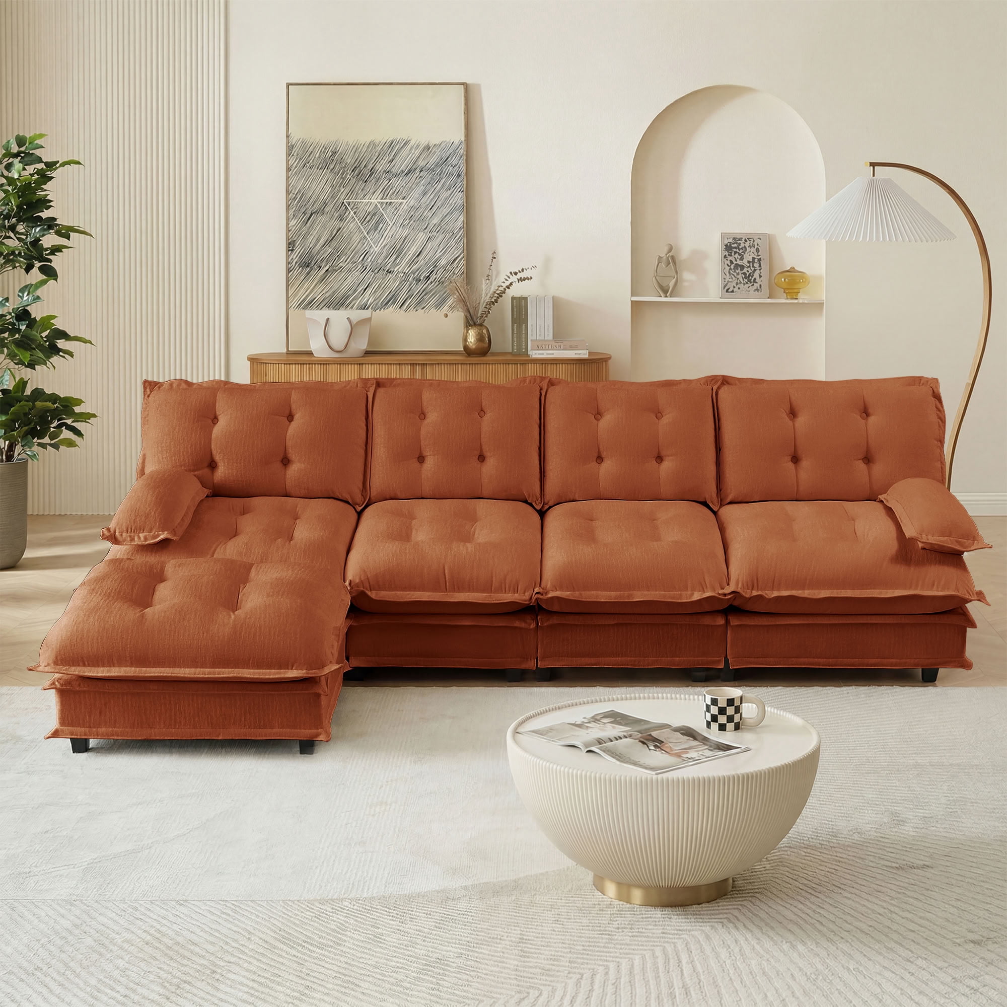 MAYEERTY 138 Inch L-Shaped Sectional Sofa with Ottoman, 4-Seater Deep Seat Modular Couch for Living Room Bedroom Apartment