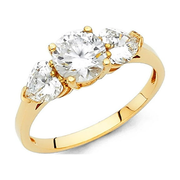 14k Yellow Gold Three Stone CZ Engagement Ring Anniversary 3 Stone Flower Ring Heart Side Stone Size 7