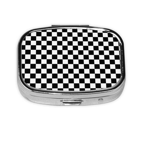 Metal Pill Organizer Black White Checkered Pattren Portable Compact Pill Box 2 Compartments Pill Case For Purse Pocket