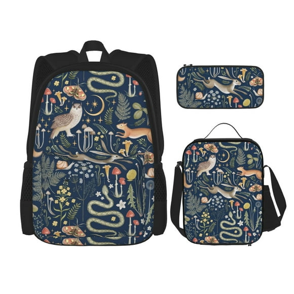 Disketp Retro Forest Animals Mochila Estampada de Gran Capacidad con Lonchera y Estuche, Set de 3 Piezas para Estudiantes