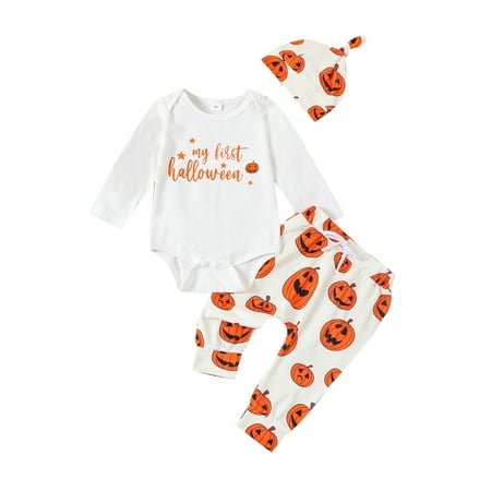 

Qtinghua Newborn Baby Girl Boy Halloween Thanksgiving Clothes Letter Print Rompers Pumpkin/Turkey Print Long Pants Hat Set Orange 3-6 Months