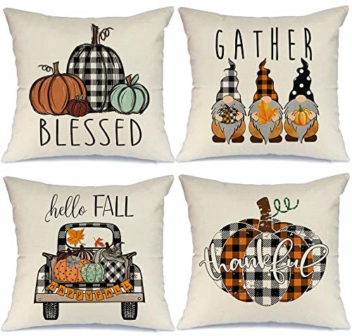 AENEY Fall Pillow Covers 18x18 Set of 4 for Fall Decor Farmhouse Thanksgiving Buffalo Check Plaid Gnomes Pumpkin Outdoor Fall Pillows Decorative Throw Pillows Autumn Cushion Cases for Couch 1015bz18 AENEY Fall Pillow Covers 18x18 Set of 4 for Fall Decor Farmhouse Thanksgiving Buffalo Check Plaid Gnomes Pumpkin Outdoor Fall Pillows Decorative Throw Pillows Autumn Cushion Cases for Couch 1015bz18