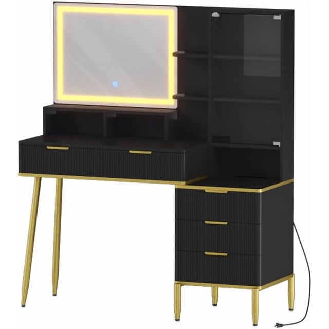 30" HD Lighted Mirror Vanity Desk, Modern Fluted Makeup Table with 5 Drawers, Shelf & Power Outlet