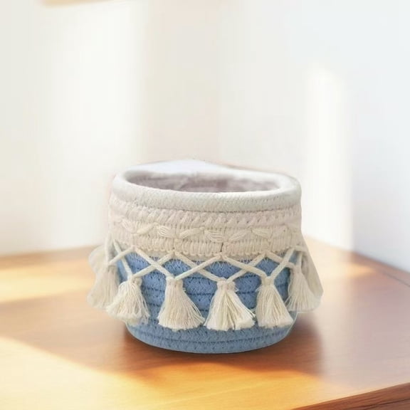 Nvzi woven basket, 3.9 x 3.9 inch Blue tassel storage basket, Bohemian style, open desktop storage basket for dressing table and home office decoration, 2 pieces