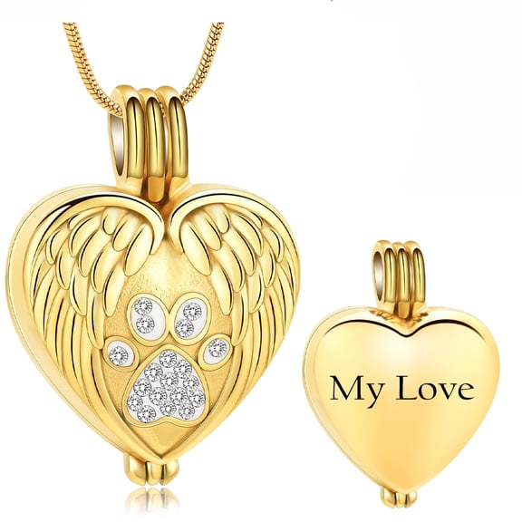 Paw Print Urn Necklace for Ashes - Pet Cremation Jewelry Angel Wing Heart Urn Locket Pendant with Mini Keepsake Urn Stainless Steel Ash Holder for Dog / Cat Memorial Pendant