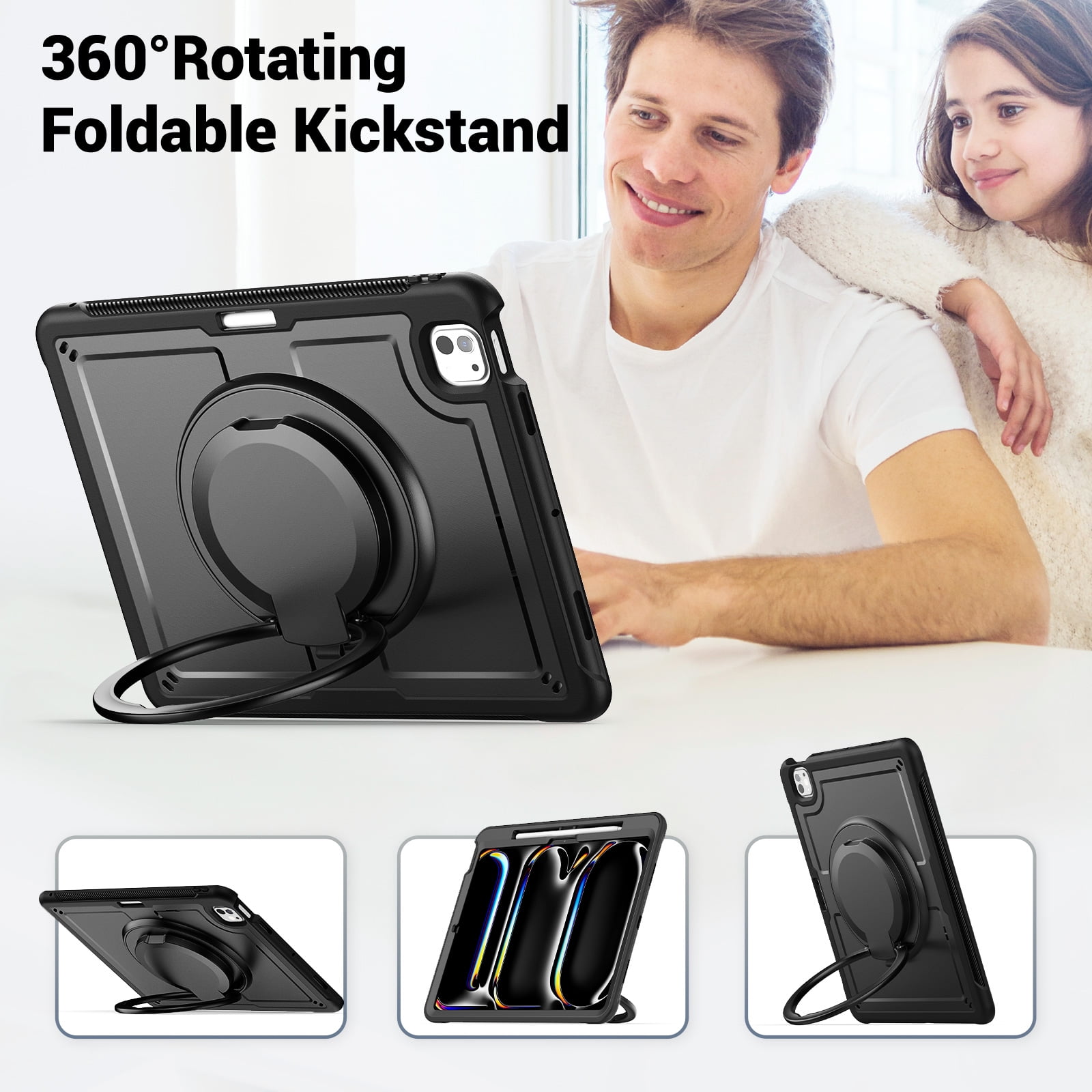 Shockproof Case for Apple iPad Pro 13 Inch 2024, Rugged Hybrid Protective Cover with Pencil Holder & Shoulder Strap Kids Friendly Rotating Kickstand Case for iPad Pro 13" 2024 M4,Black