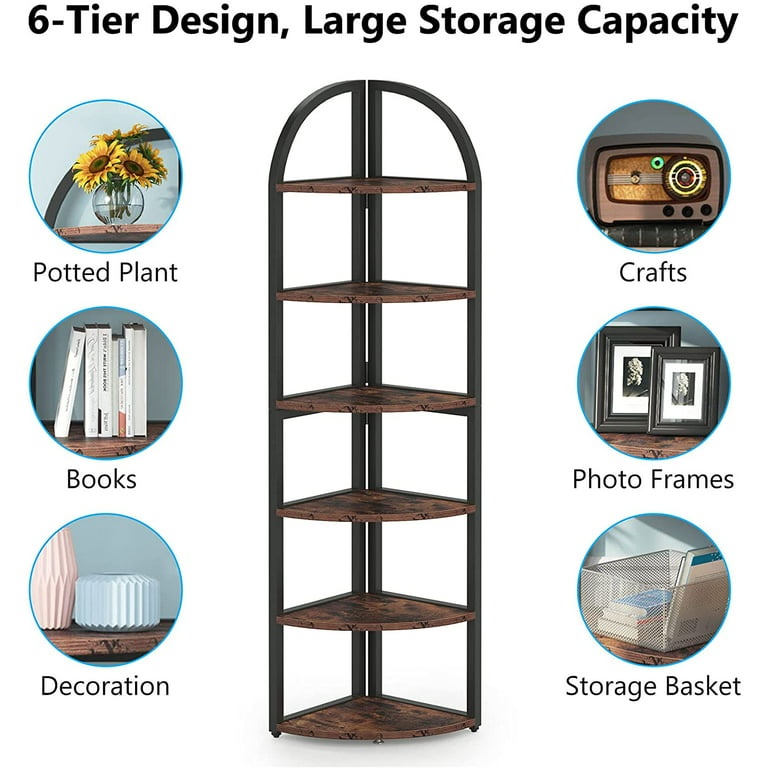 6-Tier Corner Shelf, 71 inch Tall Corner Bookshelf for Small SpaceRustic  Brown in 2023